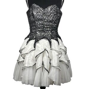 Betsey Johnson Black and White Sequined Waterfall Homecoming Dress, Size 10